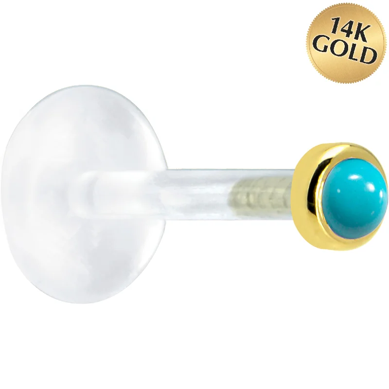 Women's Earrings – Elegant Designs for Every Personality--16 Gauge 5/16 Solid 14KT Yellow Gold 2mm Genuine Turquoise Bioplast Tragus Earring Stud
