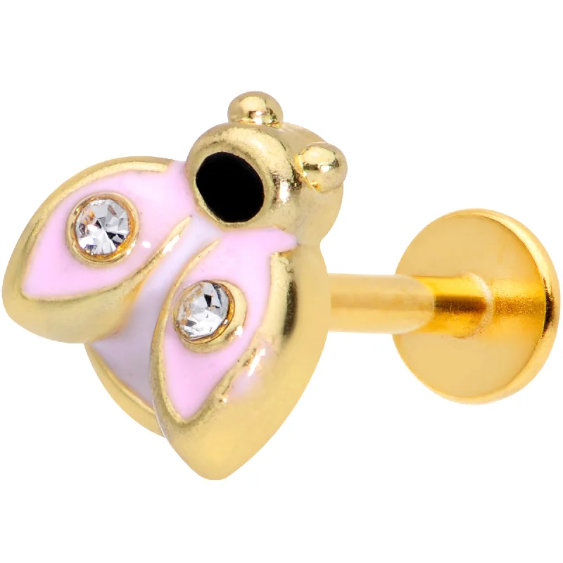 Unique Lip Rings with Contemporary Design16 Gauge 5/16 Clear Gem Gold Tone Pink Ladybug Labret Monroe Tragus