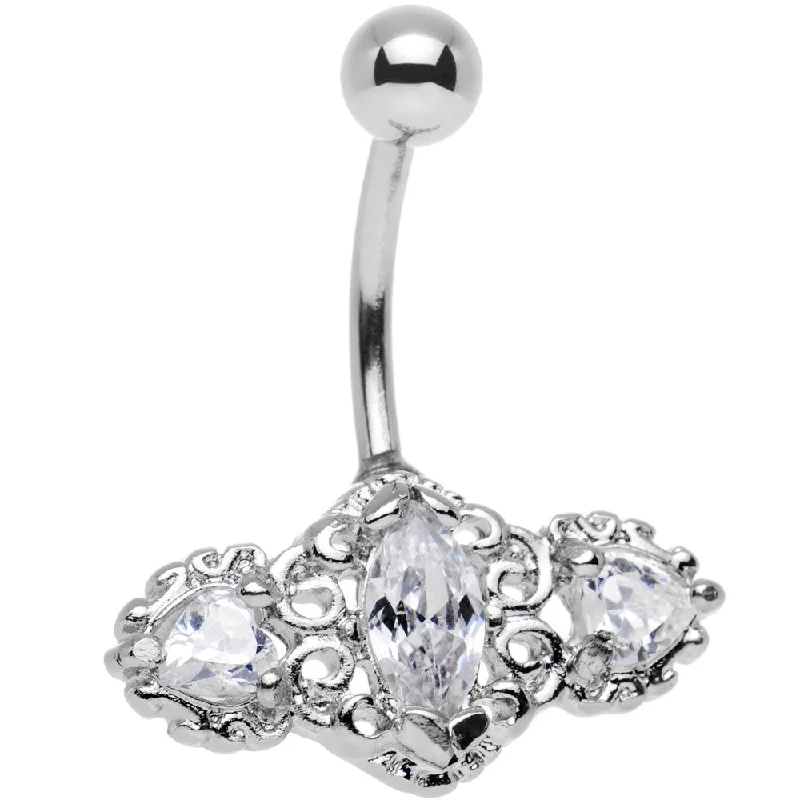Bold Belly Rings for Statement Fashion -Clear Triple Gem Deco Frame Bottom Mount Belly Ring Bold Belly Rings for Statement Fashion -Clear Triple Gem Deco Frame Bottom Mount Belly Ring