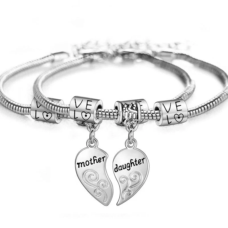 Personalized Charms for Women's Bangles-Buddha Stones 2pcs Matching Heart Mother Daughter Bracelets
