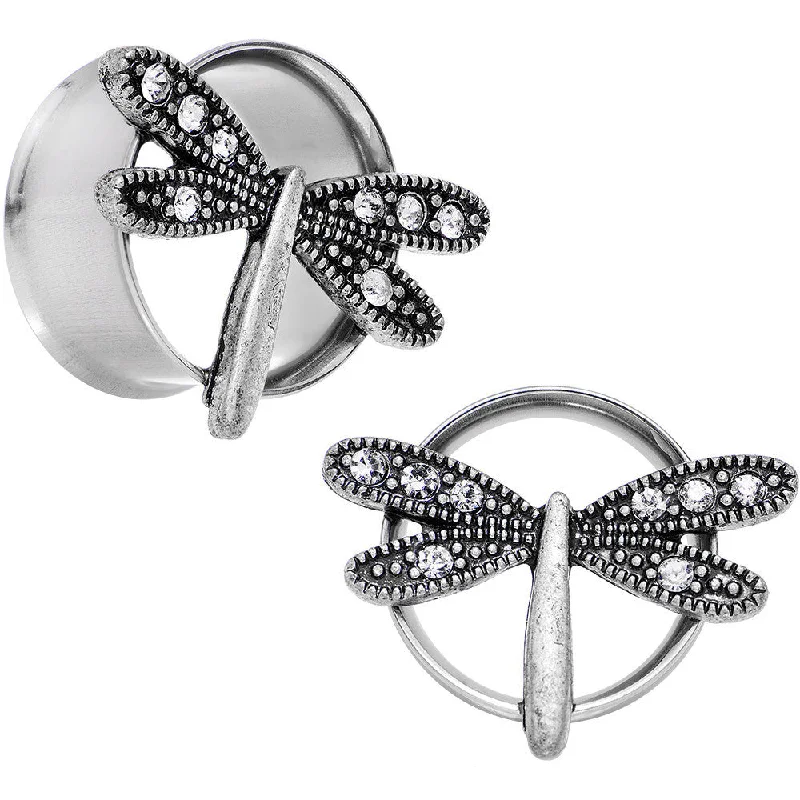 Women's Earrings – Elegant Designs for Every Personality--20mm Clear Gem Steel Hi Sky Dragonfly Double Flare Tunnel Plug Set