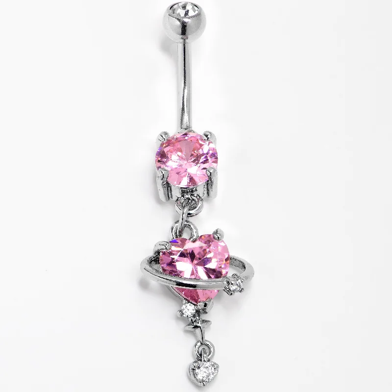 Trendy Belly Rings with Colorful Accents -Pink Clear CZ Gem Starry Heart Dangle Belly Ring