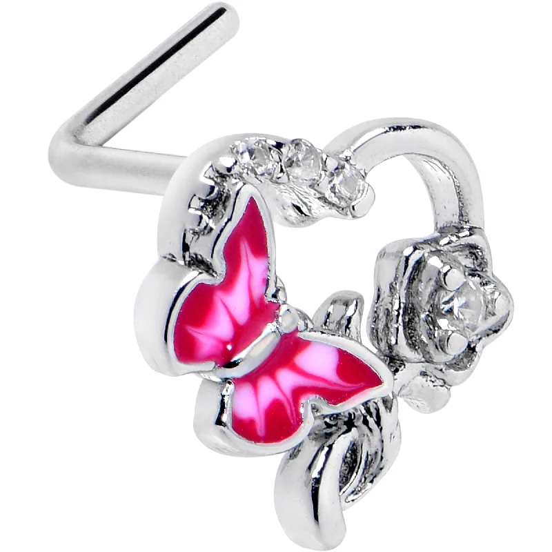 Nose Rings for Daily Wear -20 Gauge 7mm Clear CZ Gem Butterfly Rose Flower Pink L Shape Nose Ring Nose Rings for Daily Wear -20 Gauge 7mm Clear CZ Gem Butterfly Rose Flower Pink L Shape Nose Ring