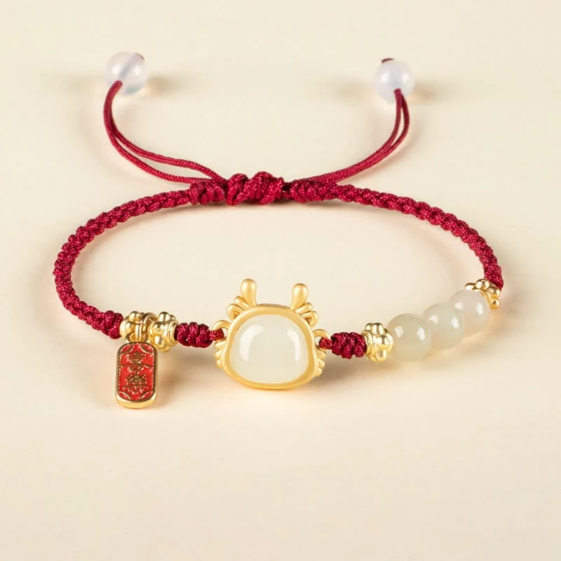 Shiny Bangles for Women-Buddha Stones Year of the Dragon Hetian White Jade Fu Character Peace And Joy Protection Bracelet