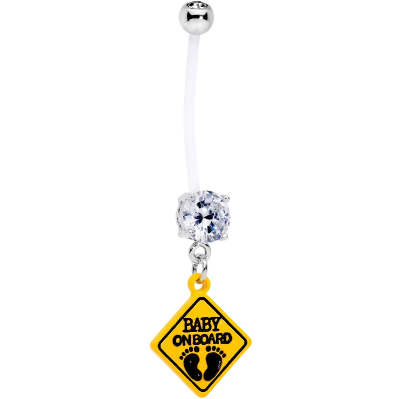 Trendy Belly Rings for Elegant Style -Clear CZ Gem Baby on Board Sign Dangle Pregnancy Belly Ring Trendy Belly Rings for Elegant Style -Clear CZ Gem Baby on Board Sign Dangle Pregnancy Belly Ring