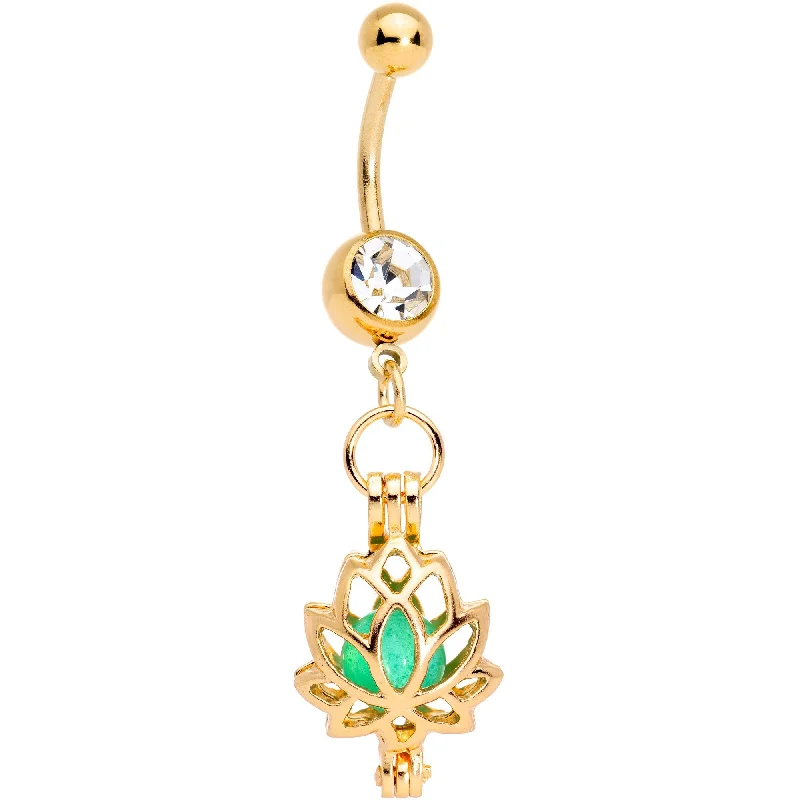 Unique Belly Rings with Glittering Stones -Clear Gem Gold Tone Glow in the Dark Lotus Flower Dangle Belly Ring Unique Belly Rings with Glittering Stones -Clear Gem Gold Tone Glow in the Dark Lotus Flower Dangle Belly Ring