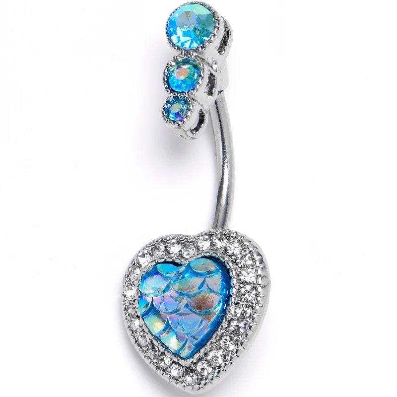 Simple Belly Rings for Clean and Elegant Look -Blue Gem Mermaid Scale Heart Double Mount Belly Ring Simple Belly Rings for Clean and Elegant Look -Blue Gem Mermaid Scale Heart Double Mount Belly Ring