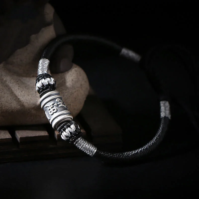 Men's Wooden Bracelets-Buddha Stones Black String 999 Sterling Silver Six True Words Creativity Bracelet Men's Wooden Bracelets-Buddha Stones Black String 999 Sterling Silver Six True Words Creativity Bracelet