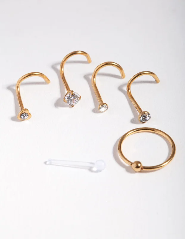 Simple Nose Rings for Effortless Style -Gold Surgical Steel Diamante Nose 6-Pack