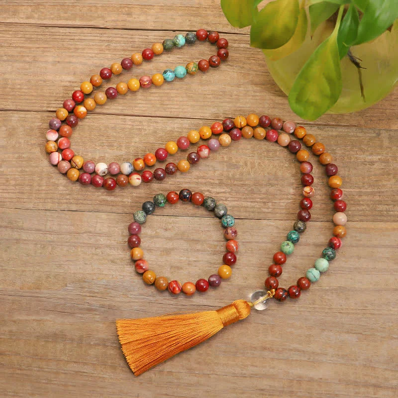 Durable Silicone Bracelets for Men-Buddha Stones 108 Mala Beads Mookaite Emotional Growth Bracelet Tassel Necklace Pendant