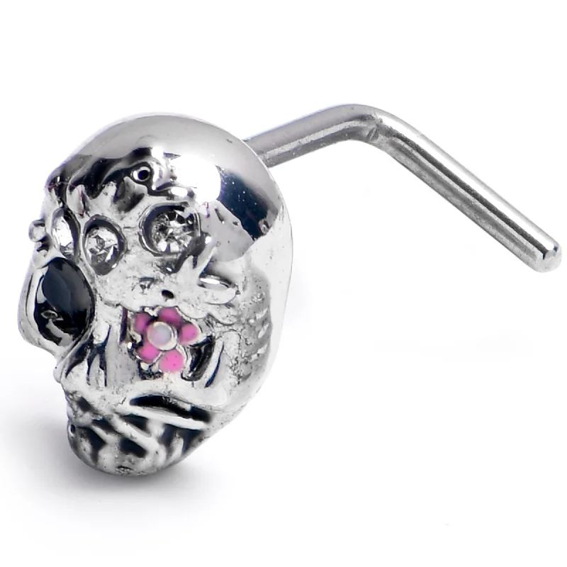 Bold Nose Rings for Trendy Look -20 Gauge 7mm Clear CZ Gem Stylish Skull L Shape Nose Ring Bold Nose Rings for Trendy Look -20 Gauge 7mm Clear CZ Gem Stylish Skull L Shape Nose Ring