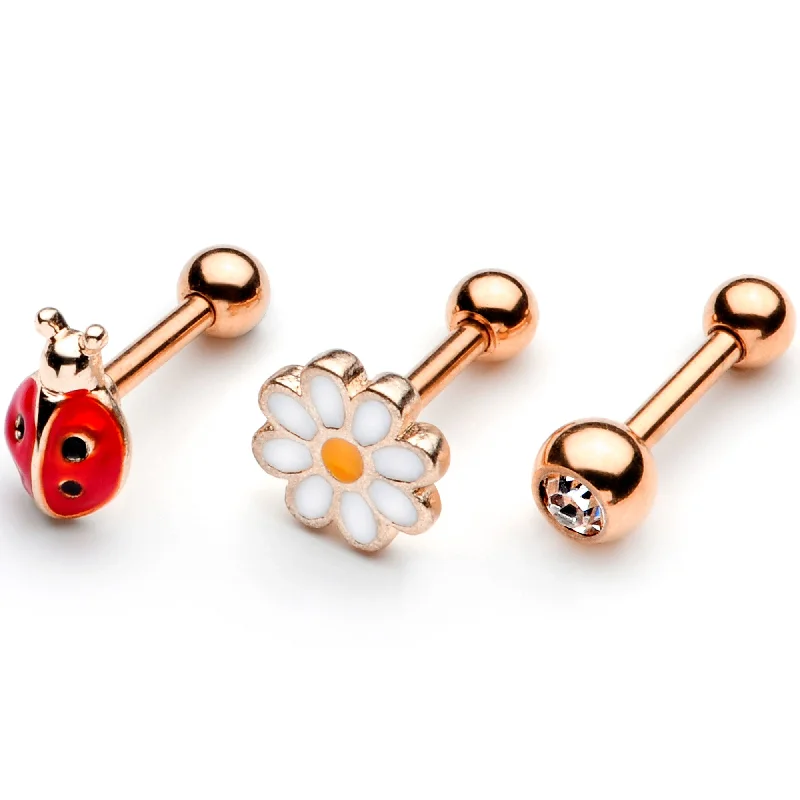 Women's Earrings – Elegant Designs for Every Personality--16 Gauge 1/4 Clear Gem Rose Gold Hue Ladybug Cartilage Tragus Set of 3