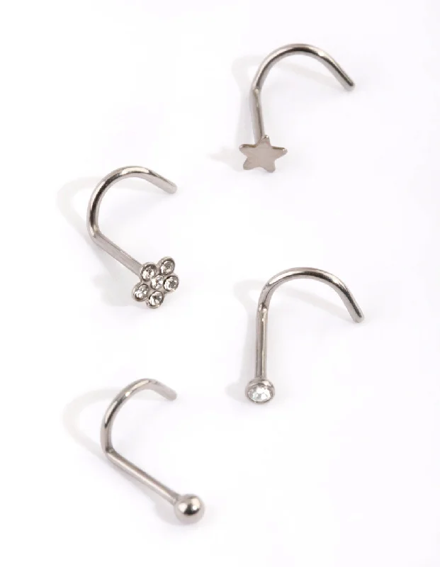 Nose Rings with Gemstones -Titanium Star & Flower Nose Stud 4-Pack