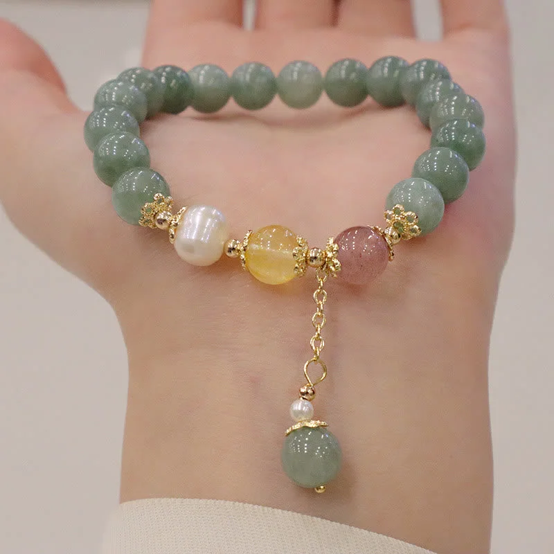 Elegant Gemstone Bangles for Women-Buddha Stones Jade Pearl Strawberry Quartz Abundance Luck Bead Charm Bracelet Elegant Gemstone Bangles for Women-Buddha Stones Jade Pearl Strawberry Quartz Abundance Luck Bead Charm Bracelet