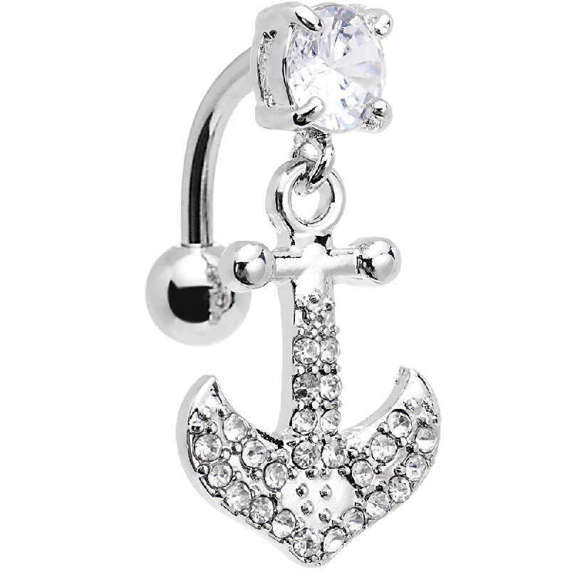 Belly Rings for Fashionistas -Clear Gem Paved Set My Sails Anchor Top Mount Dangle Belly Ring Belly Rings for Fashionistas -Clear Gem Paved Set My Sails Anchor Top Mount Dangle Belly Ring