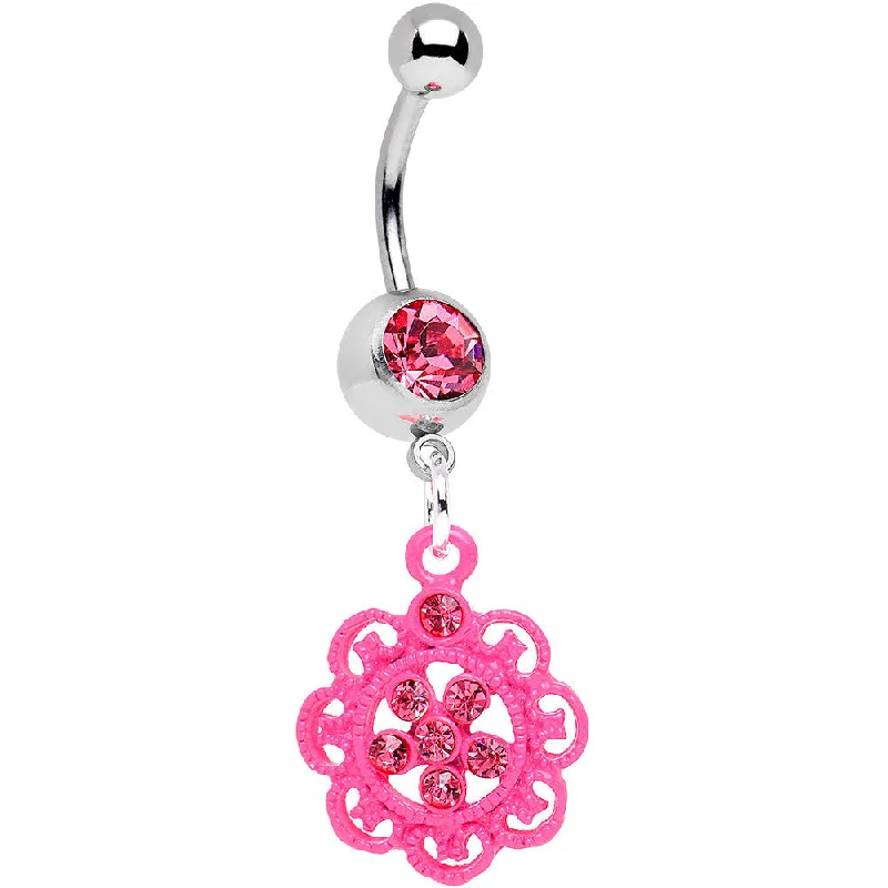 Stylish Belly Rings for Fashionable Look -Pink Gem Lacy Pink Flower Dangle Belly Ring Stylish Belly Rings for Fashionable Look -Pink Gem Lacy Pink Flower Dangle Belly Ring