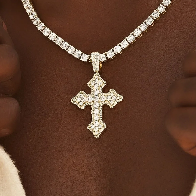 Casual Beaded Bracelets for Men-Iced Gothic Cross in Yellow Gold