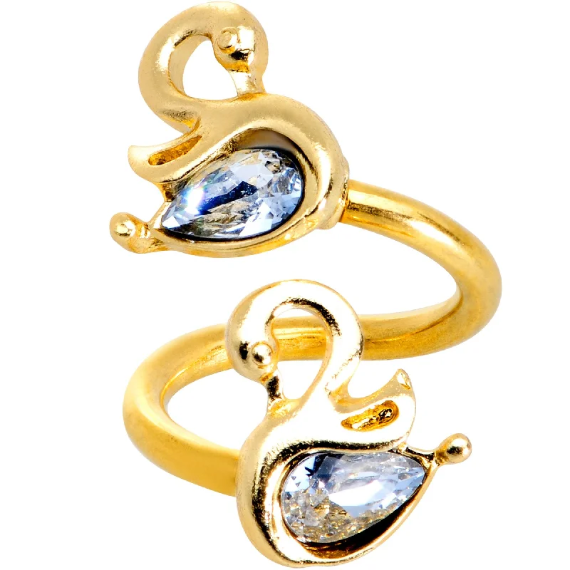 Trendy Belly Rings for Glamorous Looks -Clear Gem Gold PVD Twin Swans Spiral Twister Belly Ring Trendy Belly Rings for Glamorous Looks -Clear Gem Gold PVD Twin Swans Spiral Twister Belly Ring