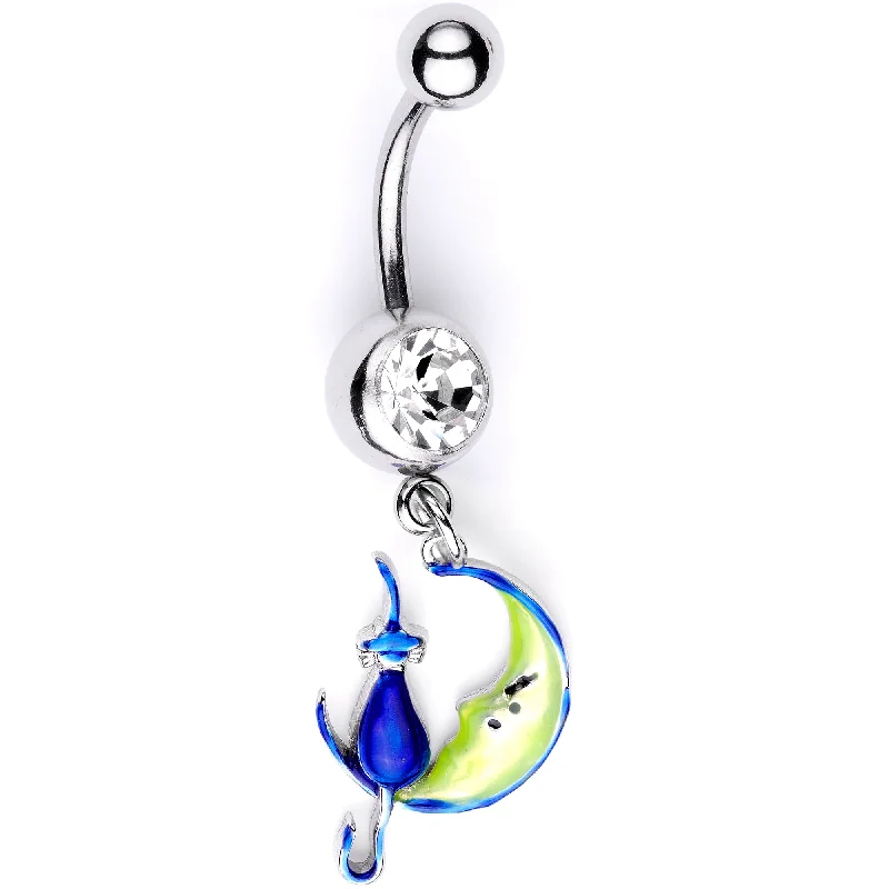 Belly Rings with Glittering Stones for Extra Shine -Clear Gem Blue Witch Cat Moon Halloween Dangle Belly Ring Belly Rings with Glittering Stones for Extra Shine -Clear Gem Blue Witch Cat Moon Halloween Dangle Belly Ring