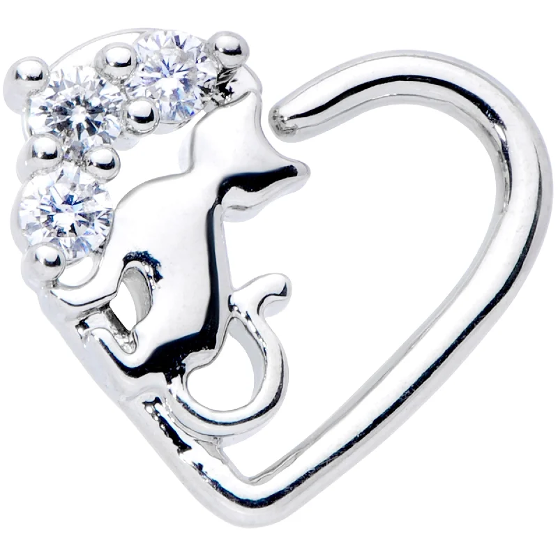 Comfortable and Sleek Lip Rings16 Gauge 3/8 Clear CZ Gem Cat Heart Right Ear Closure Ring