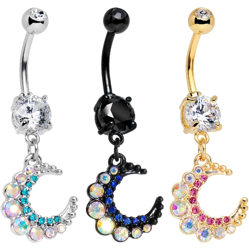 Belly Rings for Fashion Enthusiasts -Gem Encrusted Crescent Moon Dangle Belly Ring Set of 3 Belly Rings for Fashion Enthusiasts -Gem Encrusted Crescent Moon Dangle Belly Ring Set of 3