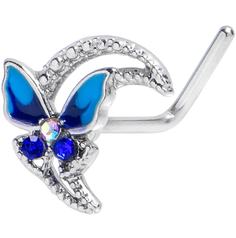 Trendy Nose Rings with Sparkling Finishes -20 Gauge 7mm Aurora Gem Butterfly Blue Beauty L Shape Nose Ring Trendy Nose Rings with Sparkling Finishes -20 Gauge 7mm Aurora Gem Butterfly Blue Beauty L Shape Nose Ring