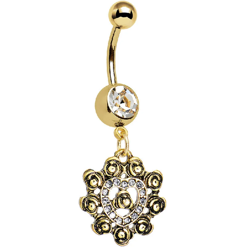 Designer Belly Rings for Exclusive Fashion -Clear Gem Rose Gold Anodized Rose Flower Frame Heart Dangle Belly Ring Designer Belly Rings for Exclusive Fashion -Clear Gem Rose Gold Anodized Rose Flower Frame Heart Dangle Belly Ring