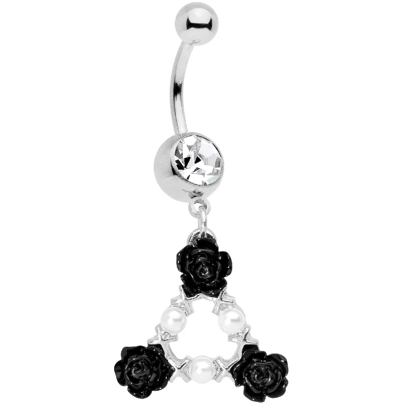 Belly Rings with Gemstone Detailing for Special Touch -Clear Gem Triple Flower Triangle Dangle Belly Ring Belly Rings with Gemstone Detailing for Special Touch -Clear Gem Triple Flower Triangle Dangle Belly Ring