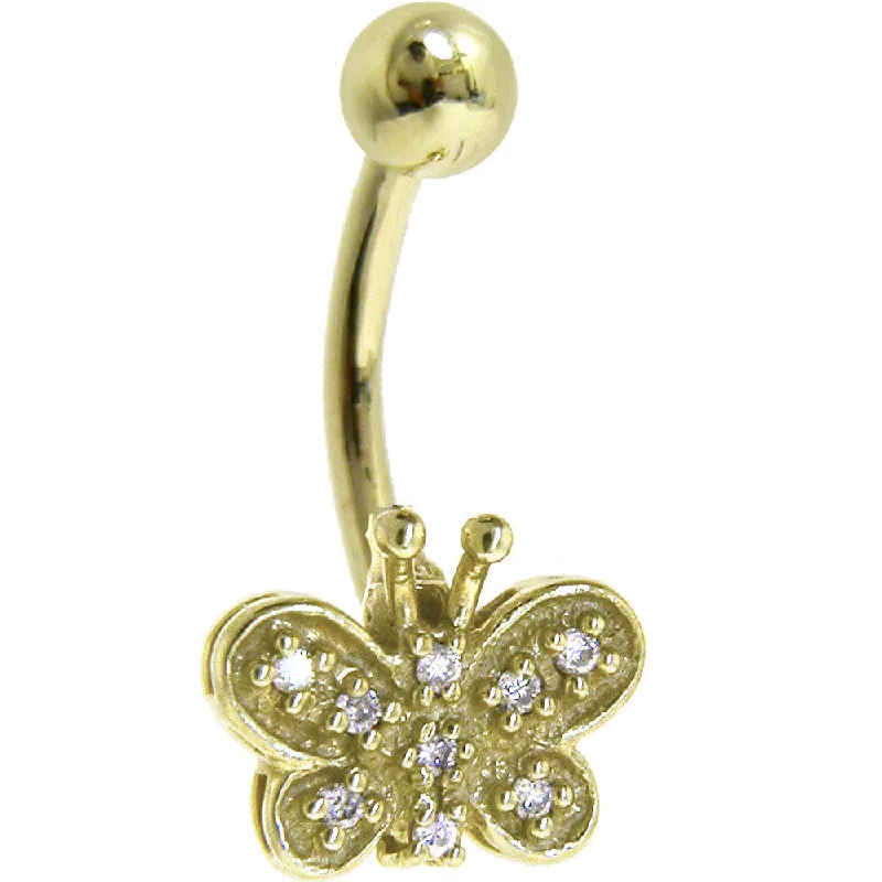 Designer Belly Rings with Timeless Appeal -16 Gauge Solid 14KT Yellow Gold Genuine Diamond BUTTERFLY Belly Ring Designer Belly Rings with Timeless Appeal -16 Gauge Solid 14KT Yellow Gold Genuine Diamond BUTTERFLY Belly Ring