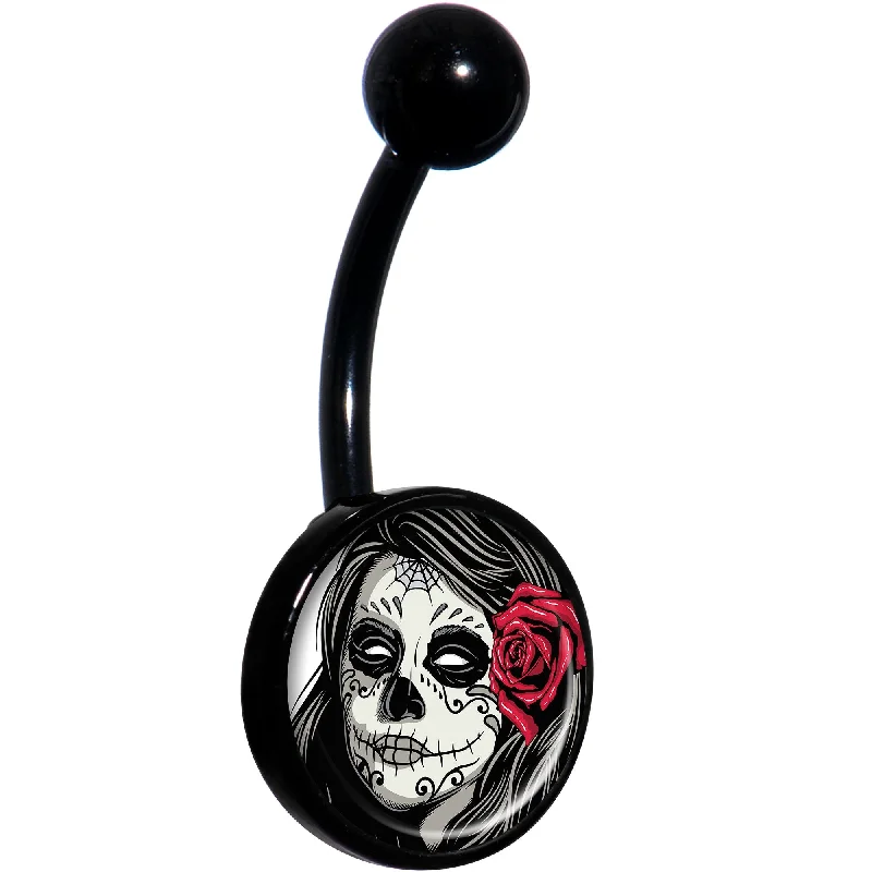 Custom Belly Rings for Unique Style -Katrina Sugar Skull with Rose Flower Black Belly Ring Custom Belly Rings for Unique Style -Katrina Sugar Skull with Rose Flower Black Belly Ring
