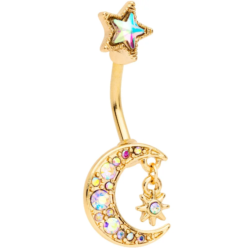 Trendy Belly Rings for Everyday Glam -Aurora Gem Gold Tone Moon and Star Double Mount Belly Ring Trendy Belly Rings for Everyday Glam -Aurora Gem Gold Tone Moon and Star Double Mount Belly Ring