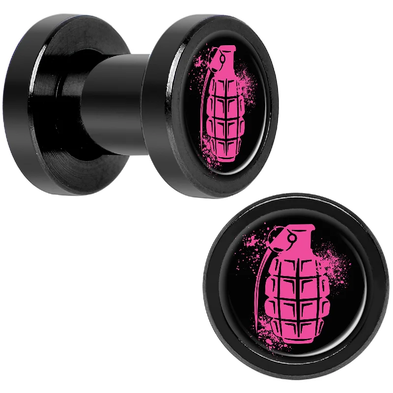 Women's Earrings – Elegant Designs for Every Personality--Pink Grenade Black Anodized Screw Fit Plug Set 4 Gauge Women's Earrings – Elegant Designs for Every Personality--Pink Grenade Black Anodized Screw Fit Plug Set 4 Gauge