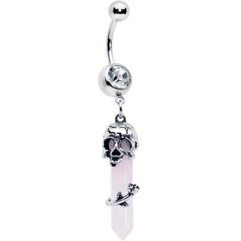 Belly Rings with Chic and Bold Accents -Pink Rose Quartz Skull Obelisk Rose Dangle Belly Ring Belly Rings with Chic and Bold Accents -Pink Rose Quartz Skull Obelisk Rose Dangle Belly Ring