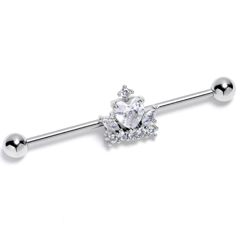Women's Earrings – Elegant Designs for Every Personality--14 Gauge Clear CZ Gem Crown Heart Industrial Barbell 38mm Women's Earrings – Elegant Designs for Every Personality--14 Gauge Clear CZ Gem Crown Heart Industrial Barbell 38mm