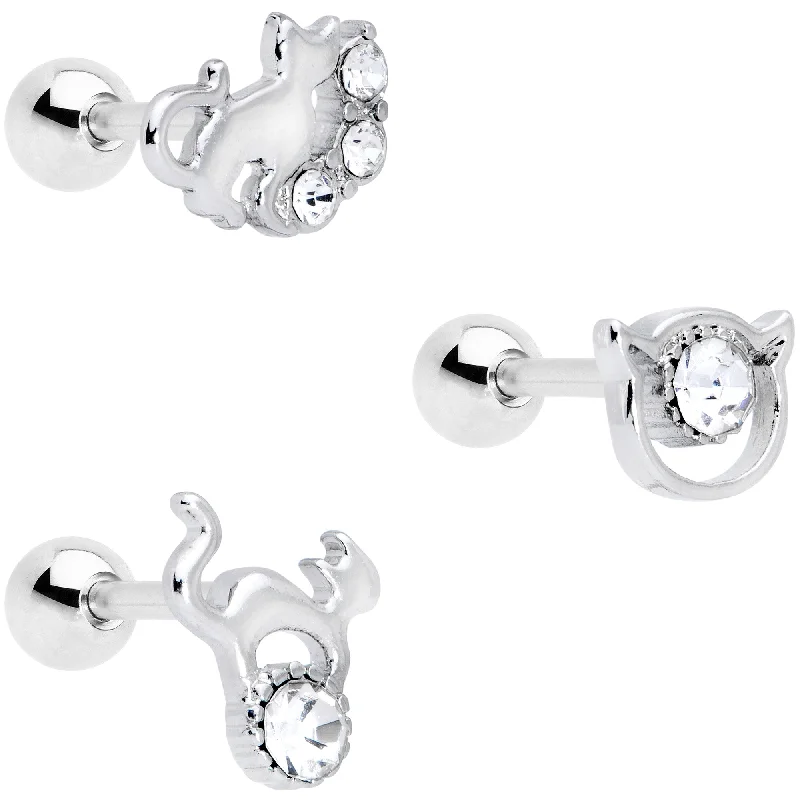Women's Earrings – Elegant Designs for Every Personality--16 Gauge 1/4 Clear Gem Cat Theme Cartilage Tragus Earring Set of 3