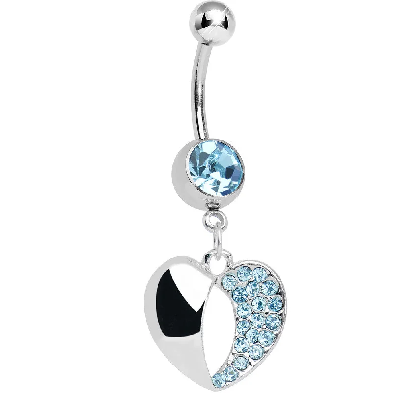 Comfortable Belly Rings with Simple Design -Aqua Gem Paved Reflective Heart Dangle Belly Ring Comfortable Belly Rings with Simple Design -Aqua Gem Paved Reflective Heart Dangle Belly Ring