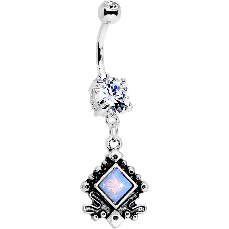 Belly Rings with Elegant Detailing for Fashionistas -Blue Faux Opal Elegantly Etched Dangle Belly Ring Belly Rings with Elegant Detailing for Fashionistas -Blue Faux Opal Elegantly Etched Dangle Belly Ring