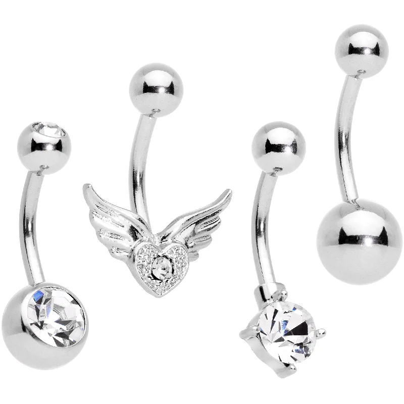 Stunning Belly Rings with Timeless Shine -Clear Gem Valentines Day Winged Heart Belly Ring Set of 4 Stunning Belly Rings with Timeless Shine -Clear Gem Valentines Day Winged Heart Belly Ring Set of 4