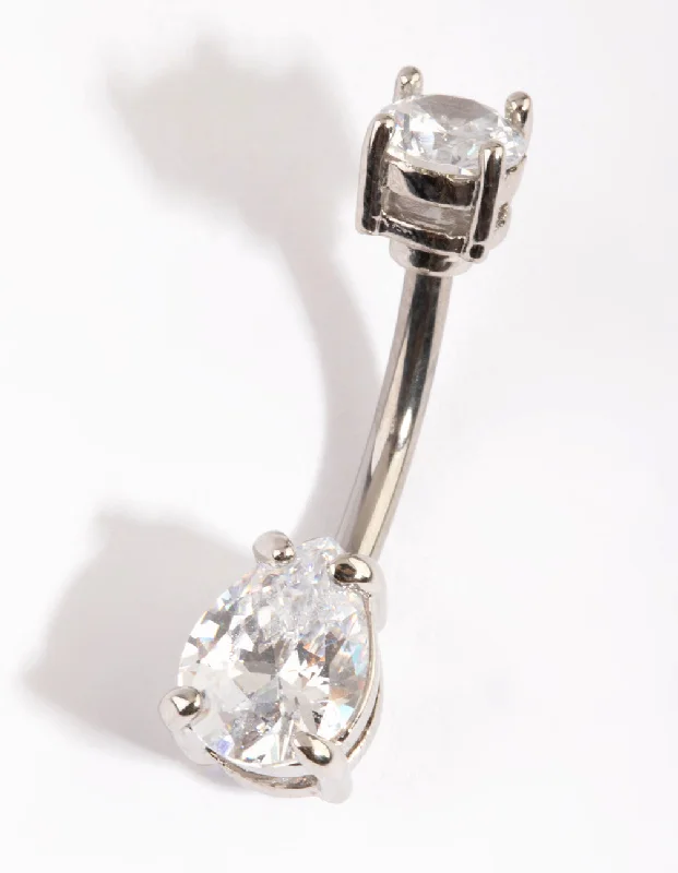 Comfortable Belly Rings for Casual Wear -Titanium Pear Diamante Belly Bar