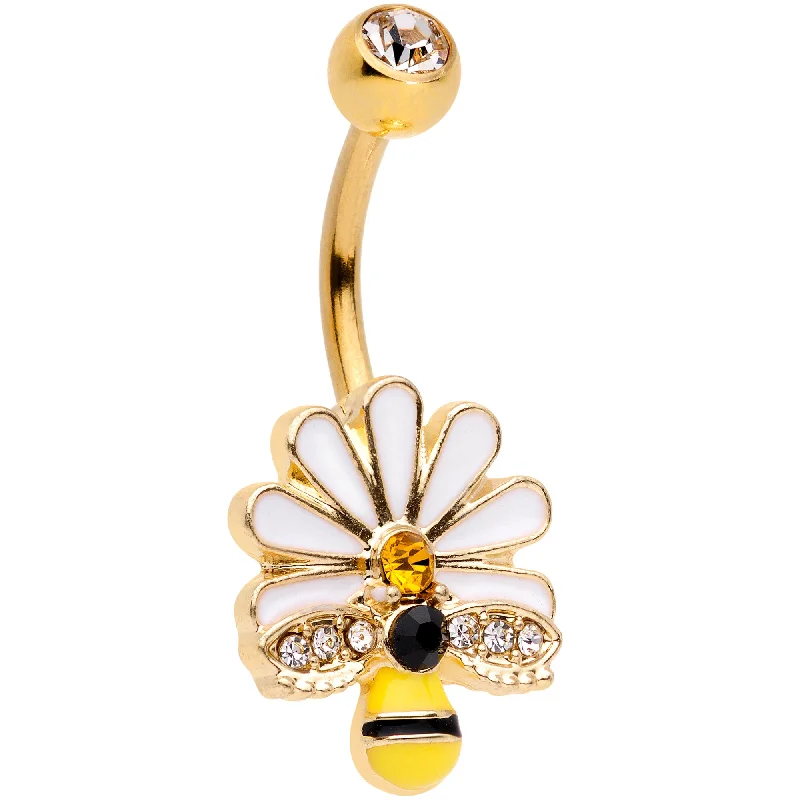 Belly Rings with Vibrant Colors for Bold Style -Clear Yellow Gem Gold Tone Daisy Bee Belly Ring Belly Rings with Vibrant Colors for Bold Style -Clear Yellow Gem Gold Tone Daisy Bee Belly Ring
