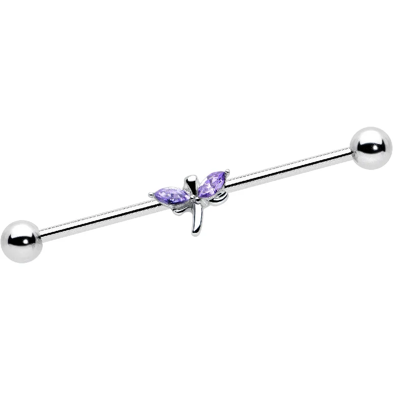 Women's Earrings – Elegant Designs for Every Personality--14 Gauge Purple Gem Simple Stylized Dragonfly Industrial Barbell 38mm
