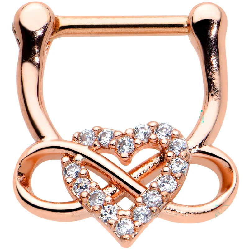 Women's Earrings – Elegant Designs for Every Personality--16 Gauge 5/16 Clear CZ Gem Rose Gold Tone Infinity Heart Clicker Women's Earrings – Elegant Designs for Every Personality--16 Gauge 5/16 Clear CZ Gem Rose Gold Tone Infinity Heart Clicker