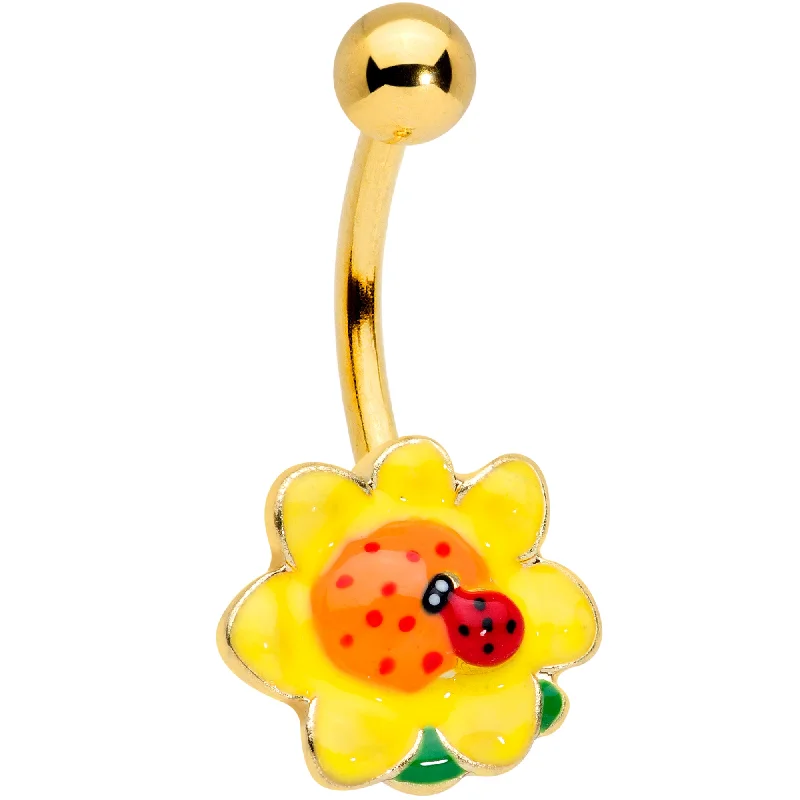 Comfortable Belly Rings with Vibrant Shine -Gold Tone Sunny Flower Ladybug Belly Ring Comfortable Belly Rings with Vibrant Shine -Gold Tone Sunny Flower Ladybug Belly Ring