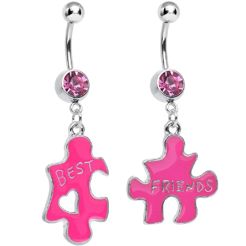 Comfortable Belly Rings for Trendy Women -Pink Crystal Double Puzzle Piece Best Friends Dangle Belly Ring Set Comfortable Belly Rings for Trendy Women -Pink Crystal Double Puzzle Piece Best Friends Dangle Belly Ring Set