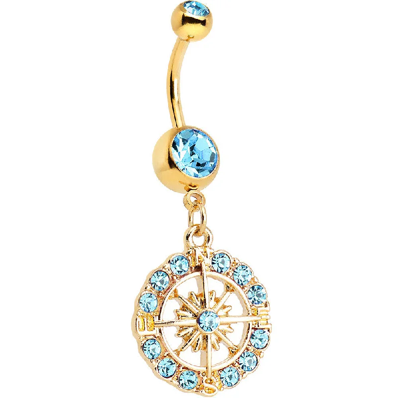 Belly Rings for Creative Fashion Choices -Aqua Gem Gold Plated Brilliant Sunburst Flower Dangle Belly Ring Belly Rings for Creative Fashion Choices -Aqua Gem Gold Plated Brilliant Sunburst Flower Dangle Belly Ring