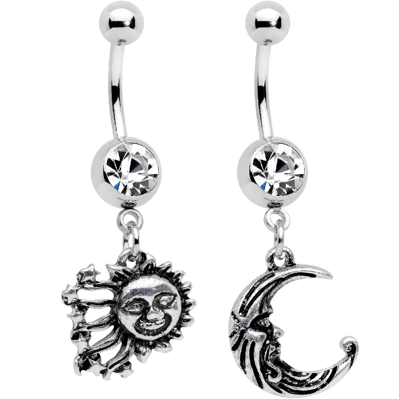 Stunning Belly Rings for Special Occasions -Clear Gem Mrs Sun and Mr Moon Dangle Belly Ring Set of 2 Stunning Belly Rings for Special Occasions -Clear Gem Mrs Sun and Mr Moon Dangle Belly Ring Set of 2