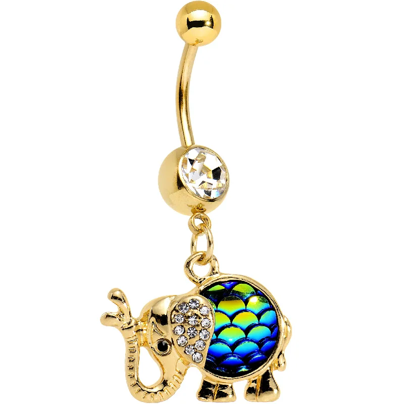 Trendy Belly Rings for Bold Fashionistas -Clear Gem Gold Anodized Mermaid Scale Elephant Dangle Belly Ring Trendy Belly Rings for Bold Fashionistas -Clear Gem Gold Anodized Mermaid Scale Elephant Dangle Belly Ring