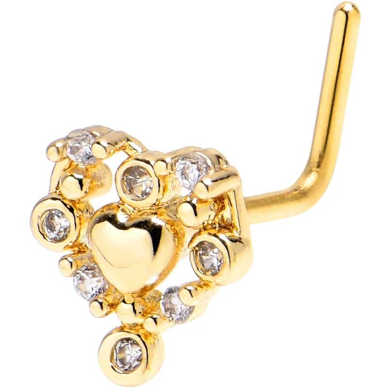 Affordable Nose Rings for All Styles -20 Gauge 1/4 Clear CZ Gem Gold Tone Heart Duo L Shape Nose Ring Affordable Nose Rings for All Styles -20 Gauge 1/4 Clear CZ Gem Gold Tone Heart Duo L Shape Nose Ring