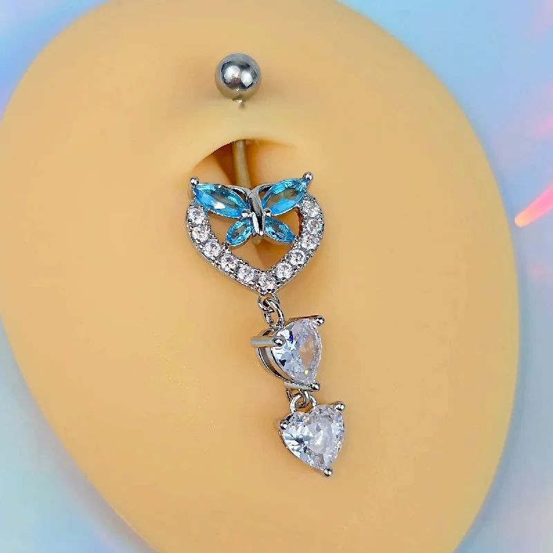 Belly Rings with Unique Charms for Personalized Touch -Blue Clear Gem Butterfly Hearts Of Love Dangle Belly Ring