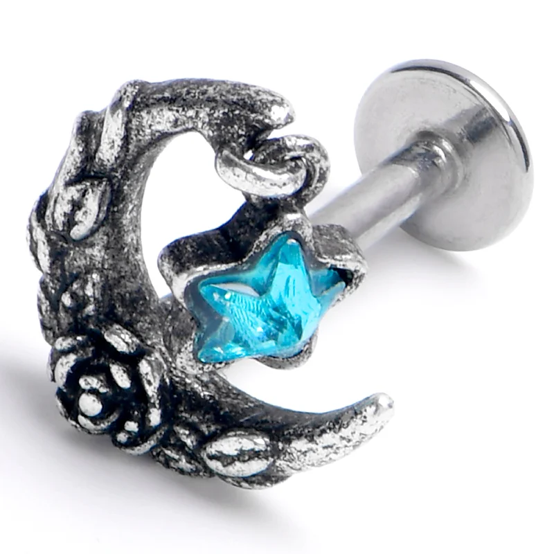 Comfortable Lip Rings for Every Occasion16 Gauge 5/16 Blue Gem Ornate Moon Star Labret Monroe Tragus